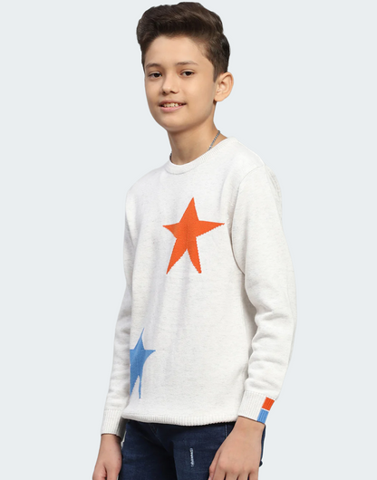 Boys White Self Design Round Neck Full Sleeve Pullover