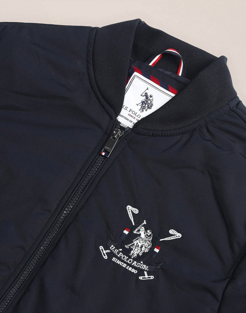 Blue Brand Printed Bomber Jacket