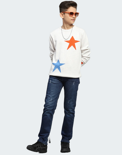 Boys White Self Design Round Neck Full Sleeve Pullover