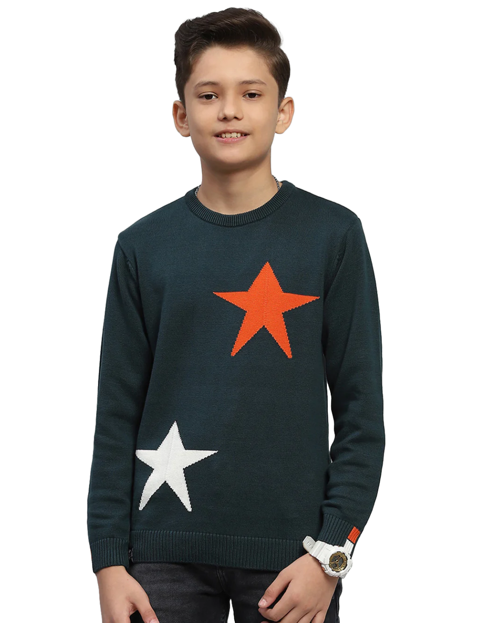 Boys Green Self Design Round Neck Full Sleeve Pullover