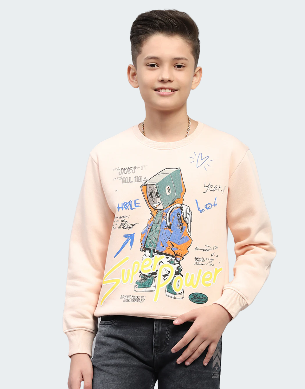 Boys Peach Printed Round Neck Full Sleeve Sweatshirt