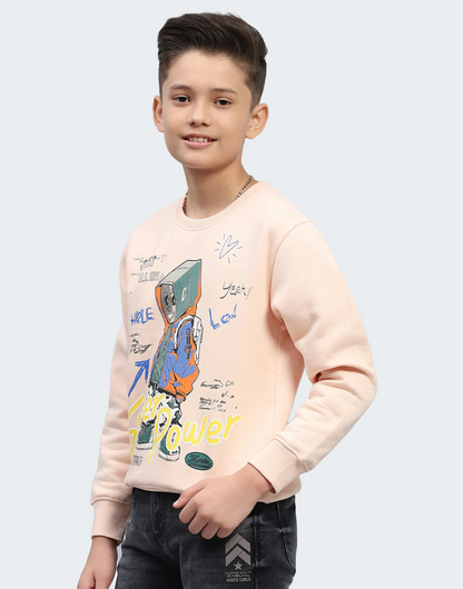 Boys Peach Printed Round Neck Full Sleeve Sweatshirt