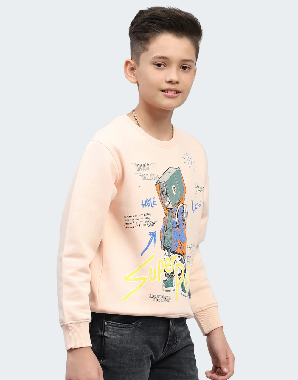 Boys Peach Printed Round Neck Full Sleeve Sweatshirt