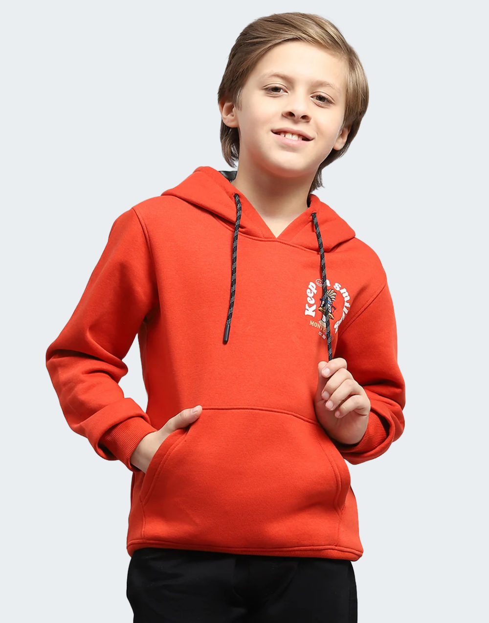 Boys Orange Printed Hooded Full Sleeve Sweatshirt