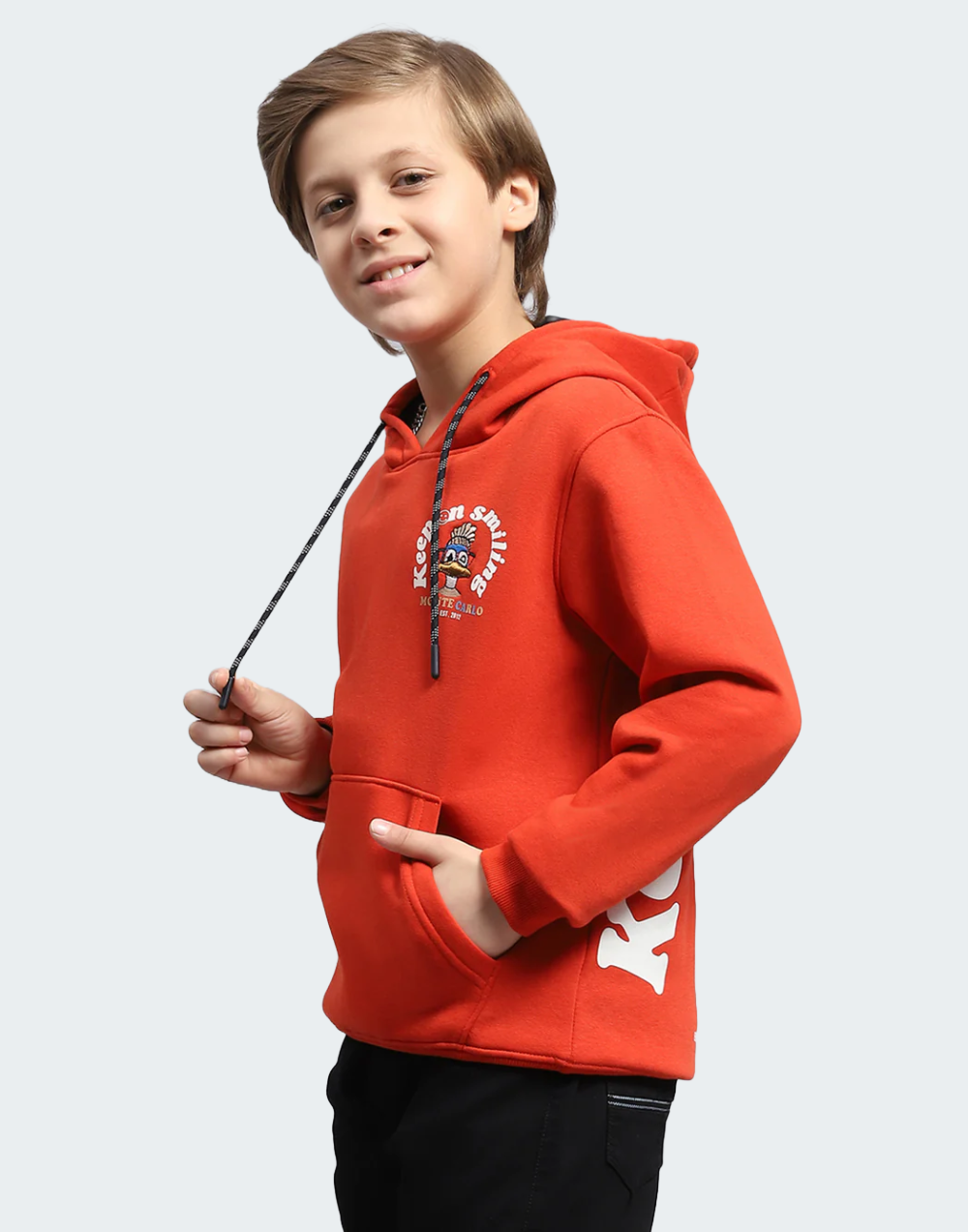 Boys Orange Printed Hooded Full Sleeve Sweatshirt