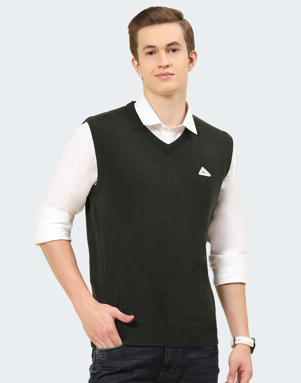 Men Olive Solid V Neck Sleeveless Sweater