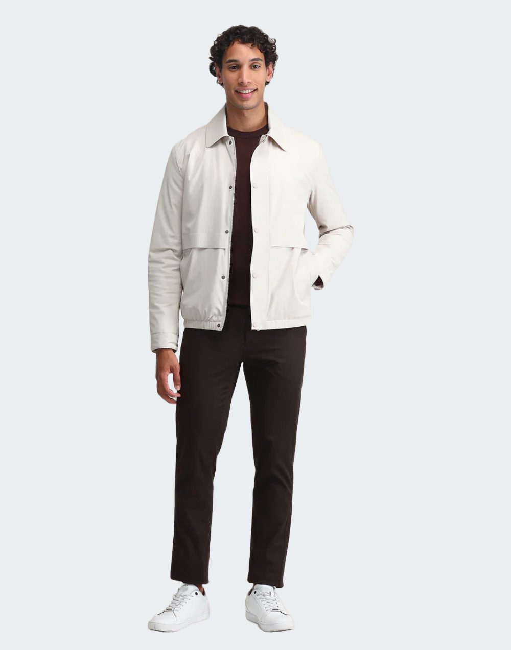 Beige Spread Collar Solid Jacket