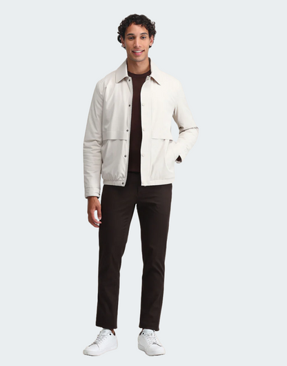Beige Spread Collar Solid Jacket