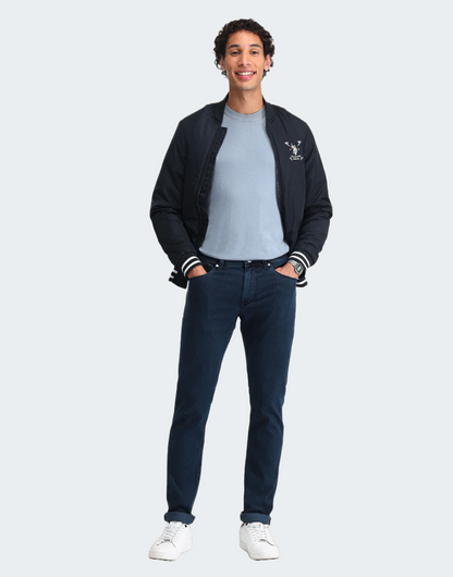 Blue Brand Printed Bomber Jacket