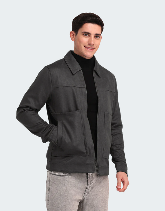 Grey Solid Smooth Fabric Jacket