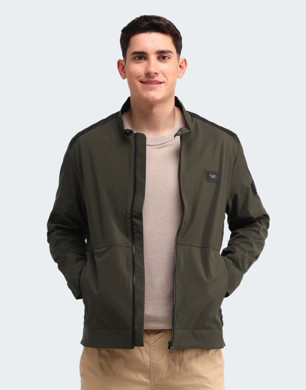 Olive Colour Blocked Regular Fit Jacket