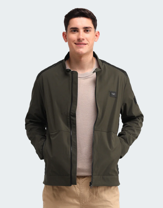 Olive Colour Blocked Regular Fit Jacket