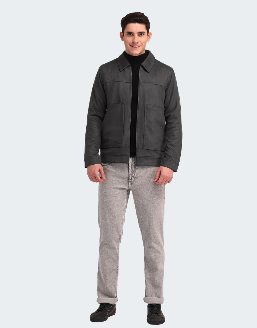Grey Solid Smooth Fabric Jacket