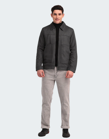 Grey Solid Smooth Fabric Jacket