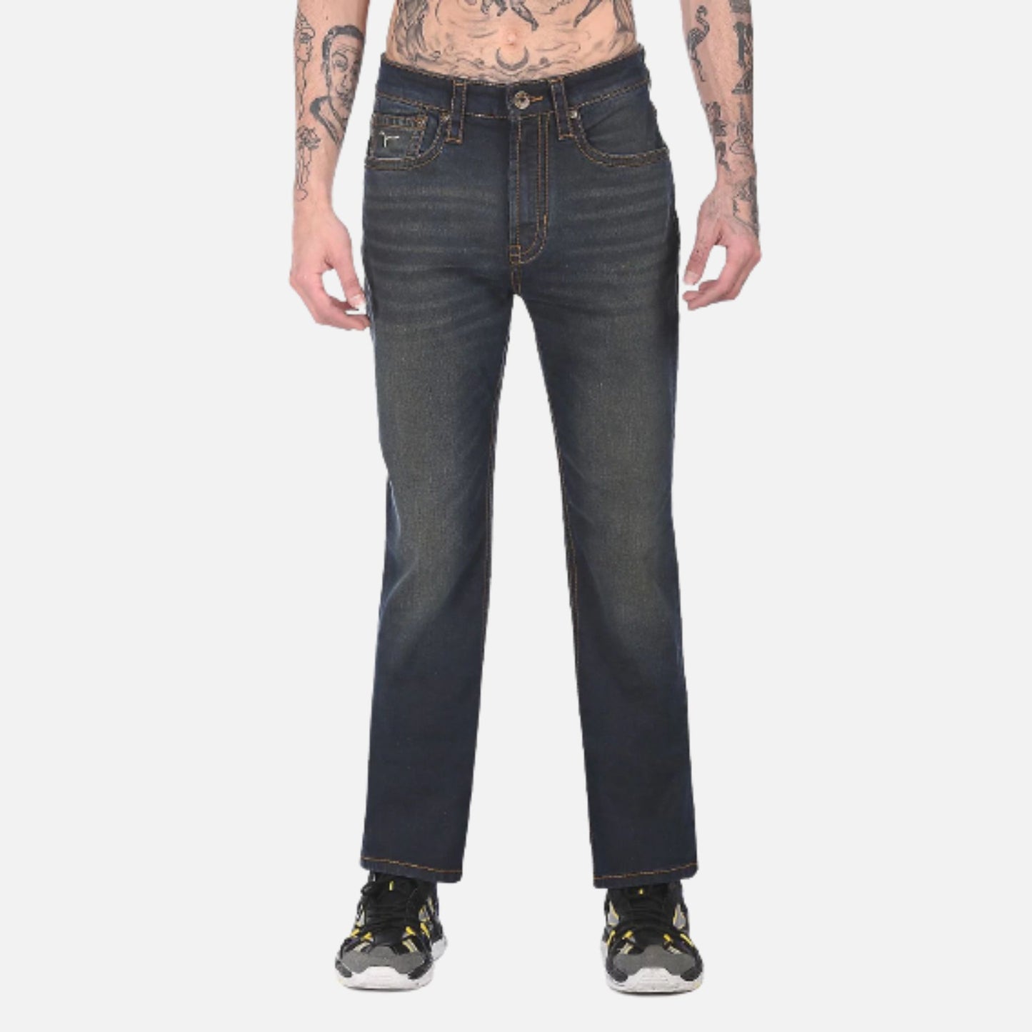 Blue Mid Rise Bruce Straight Fit Stone Wash Jeans