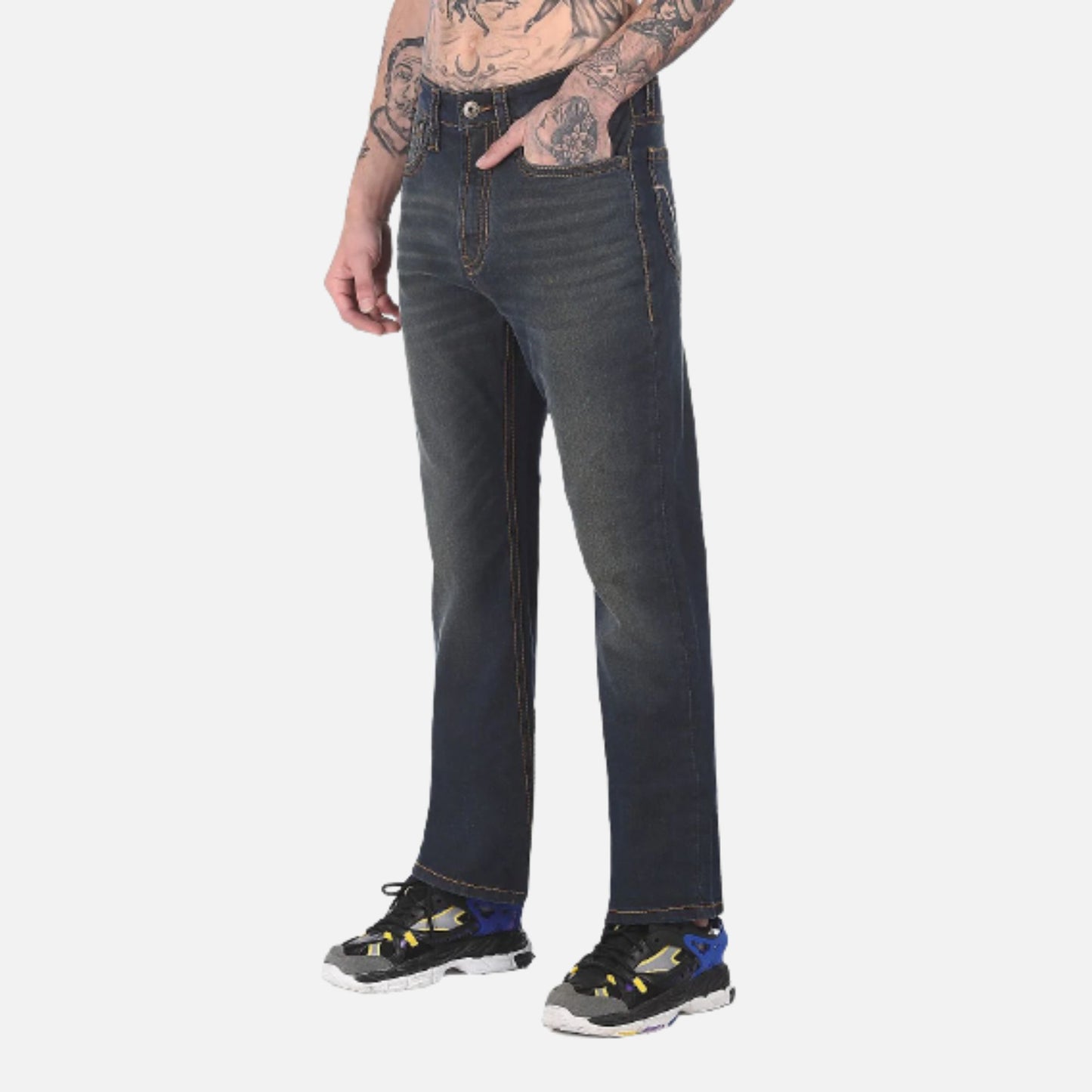 Blue Mid Rise Bruce Straight Fit Stone Wash Jeans