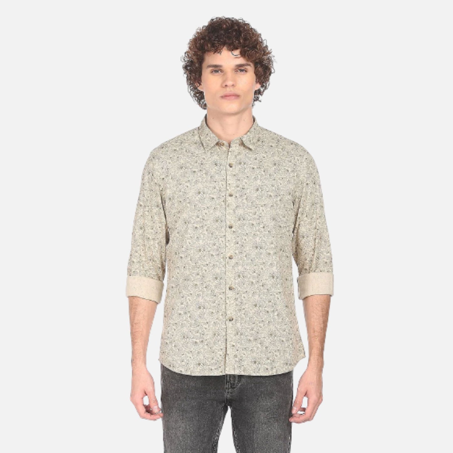 Beige Spread Collar Printed Casual Shirt