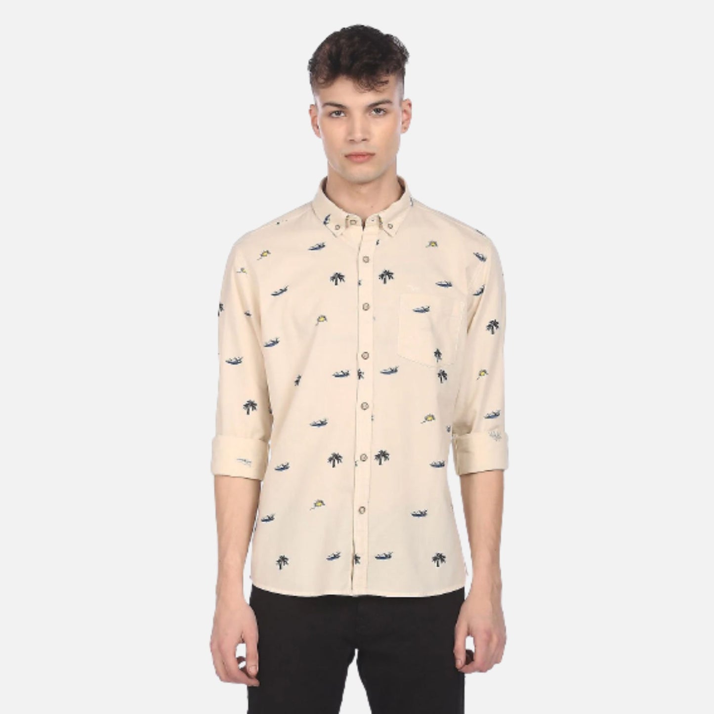 Beige Button Down Collar Printed Casual Shirt