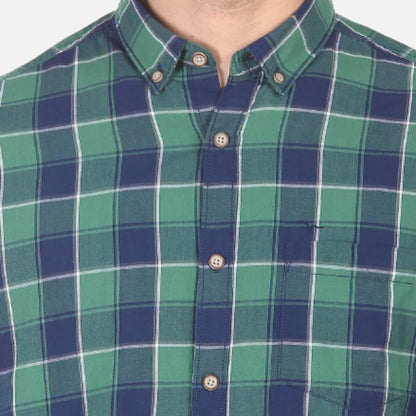 Green And Navy Button Down Check Casual Shirt