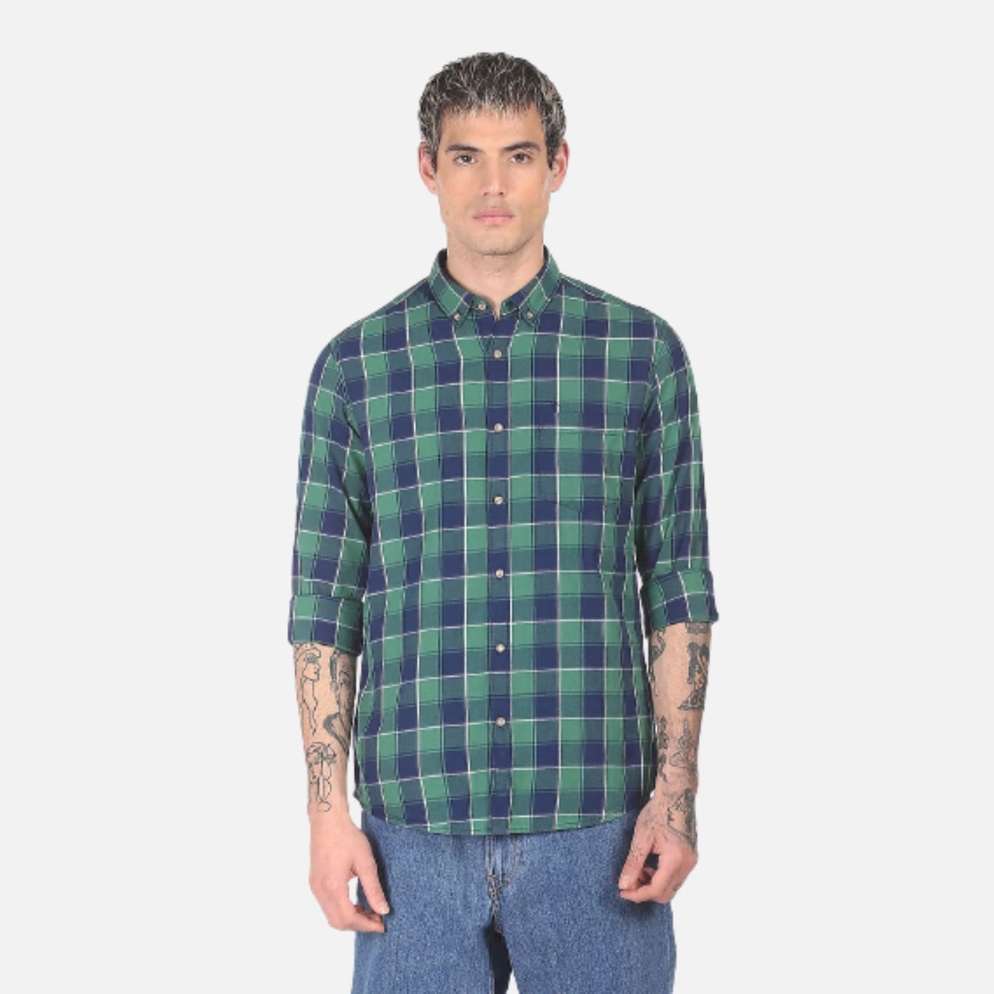 Green And Navy Button Down Check Casual Shirt