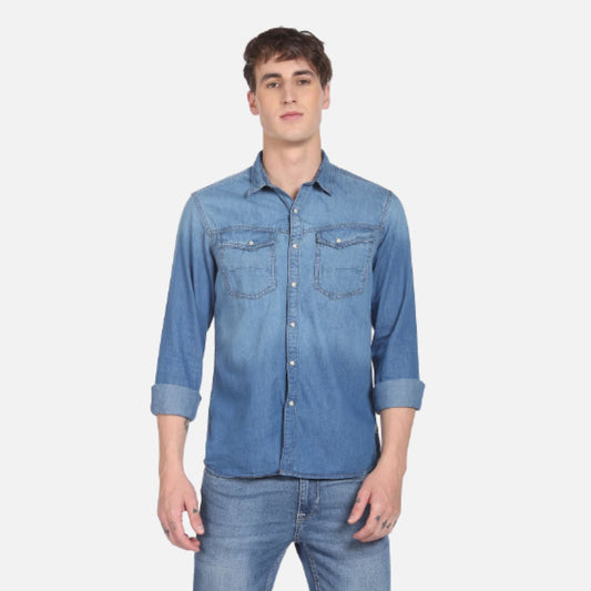 Blue Spread Collar Chambray Casual Shirt