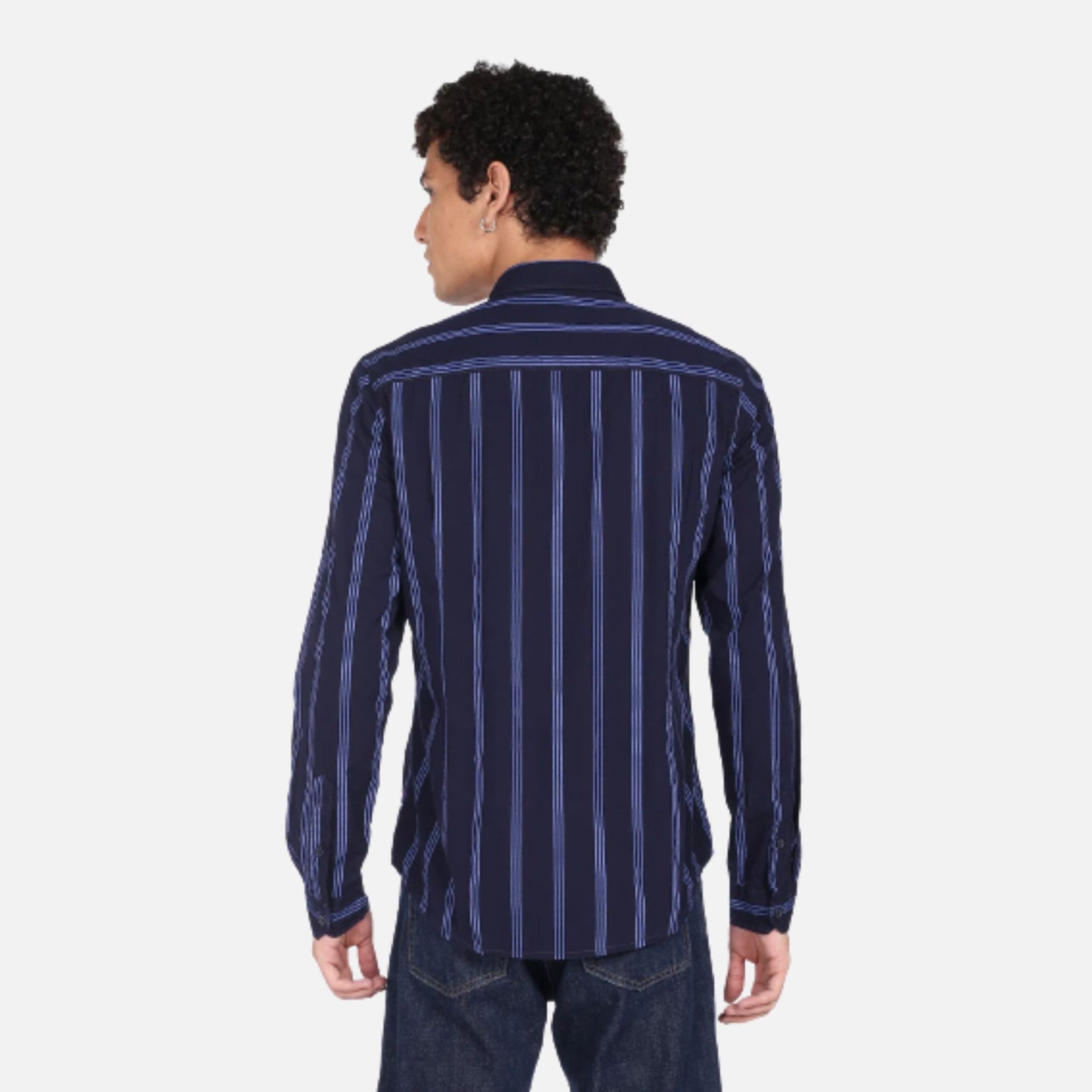 Navy Vertical Stripe Cotton Casual Shirt