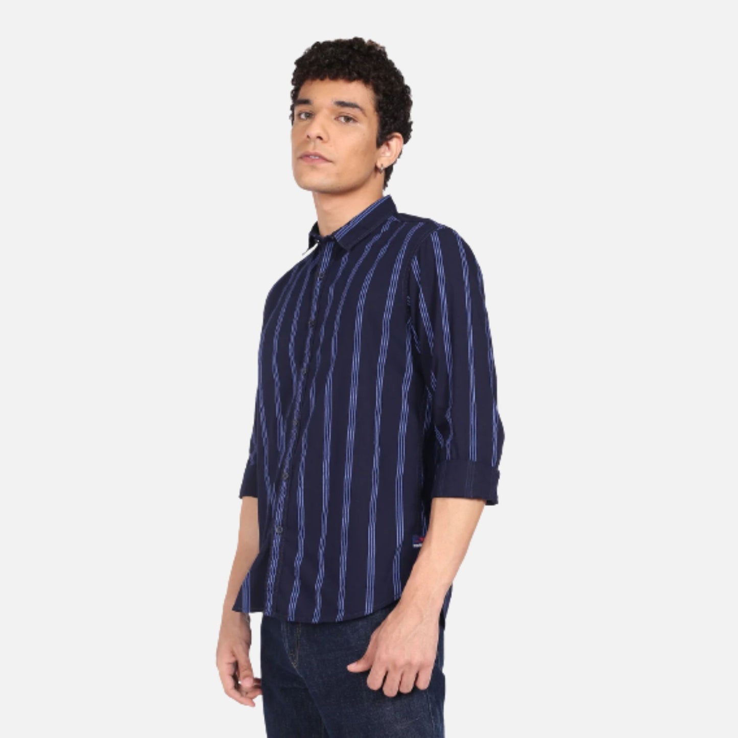 Navy Vertical Stripe Cotton Casual Shirt