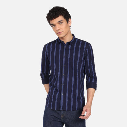 Navy Vertical Stripe Cotton Casual Shirt