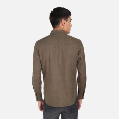 Dark Olive Geometric Print Herringbone Weave Casual Shirt