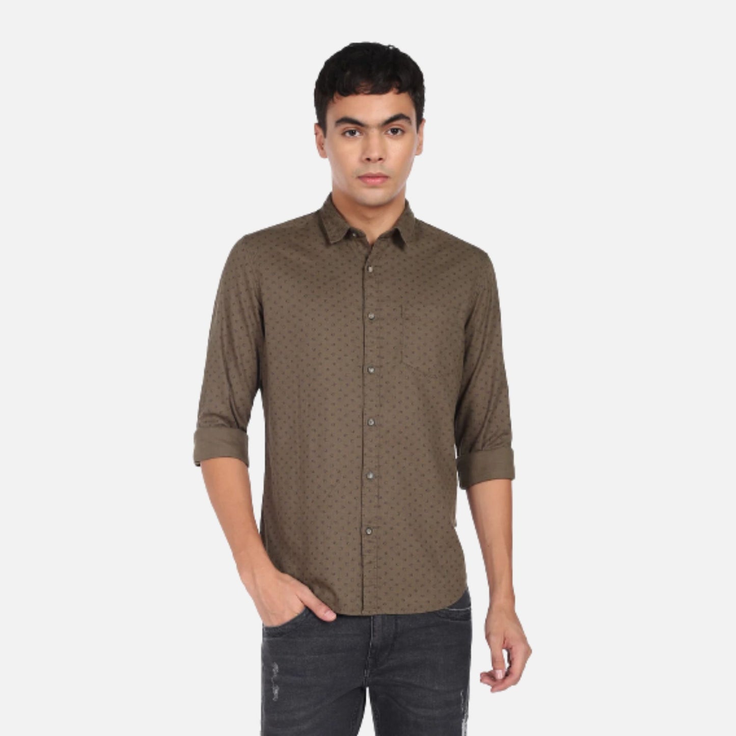 Dark Olive Geometric Print Herringbone Weave Casual Shirt