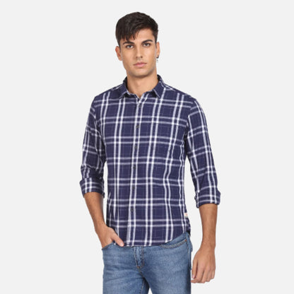 Navy Plaid Check Pure Cotton Casual Shirt