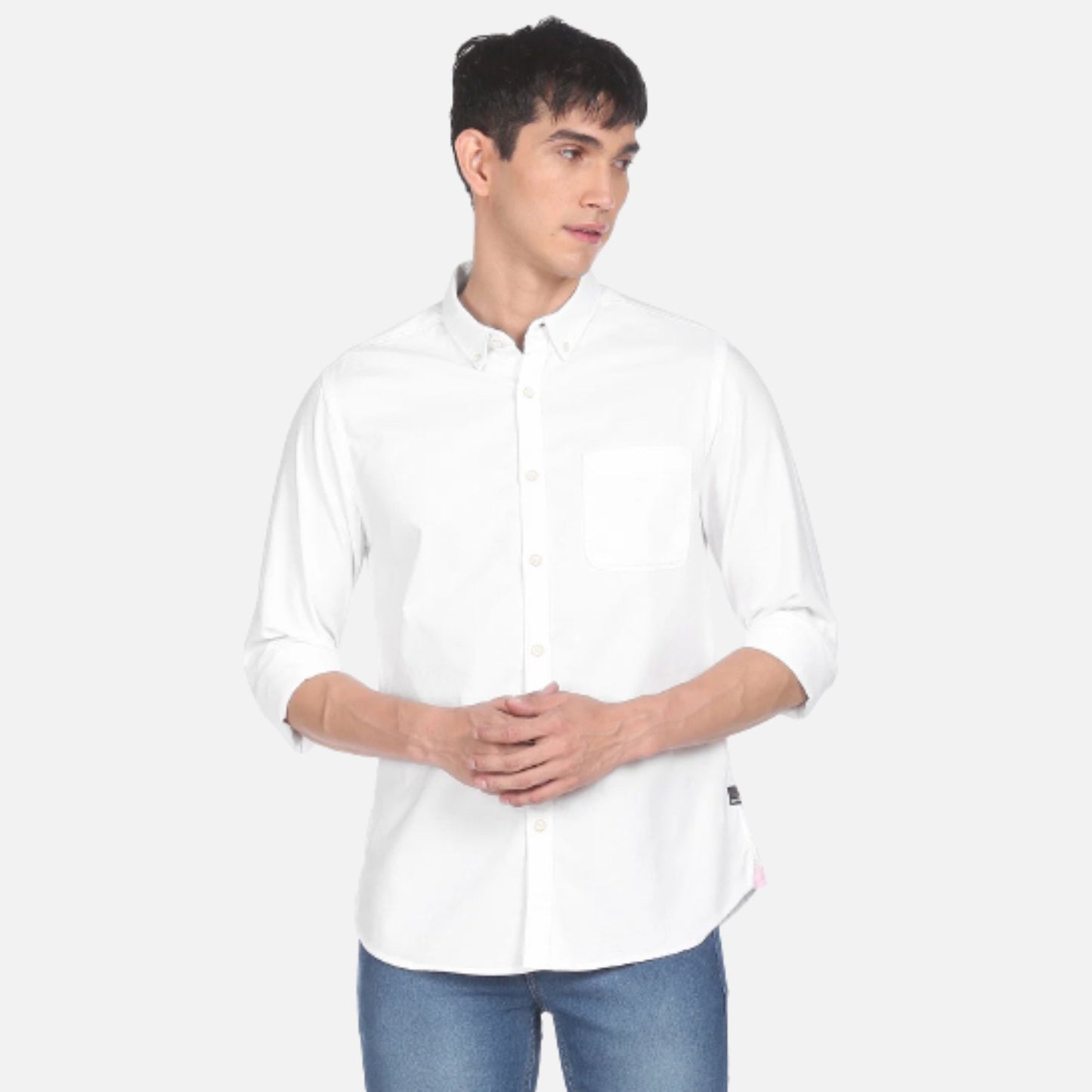 White Button Down Collar Solid Casual Shirt