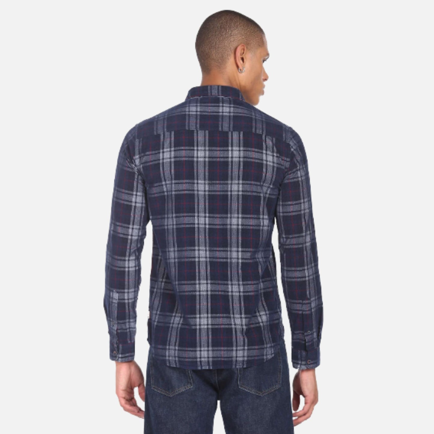 Navy Button Down Collar Tartan Check Casual Shirt