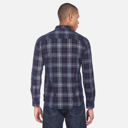 Navy Button Down Collar Tartan Check Casual Shirt