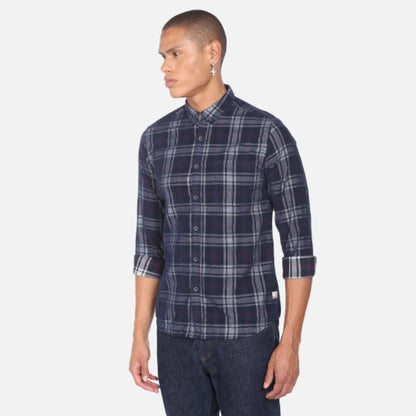 Navy Button Down Collar Tartan Check Casual Shirt