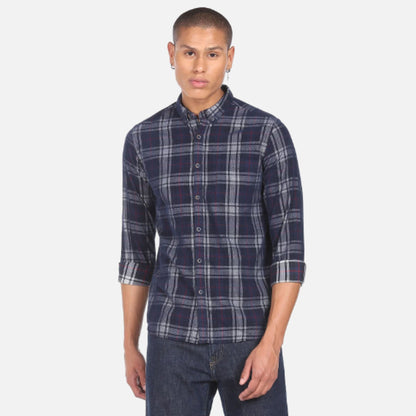 Navy Button Down Collar Tartan Check Casual Shirt