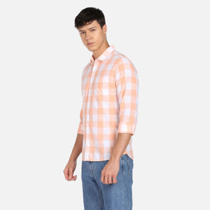 Slub Buffalo Check Spread Collar Casual Shirt