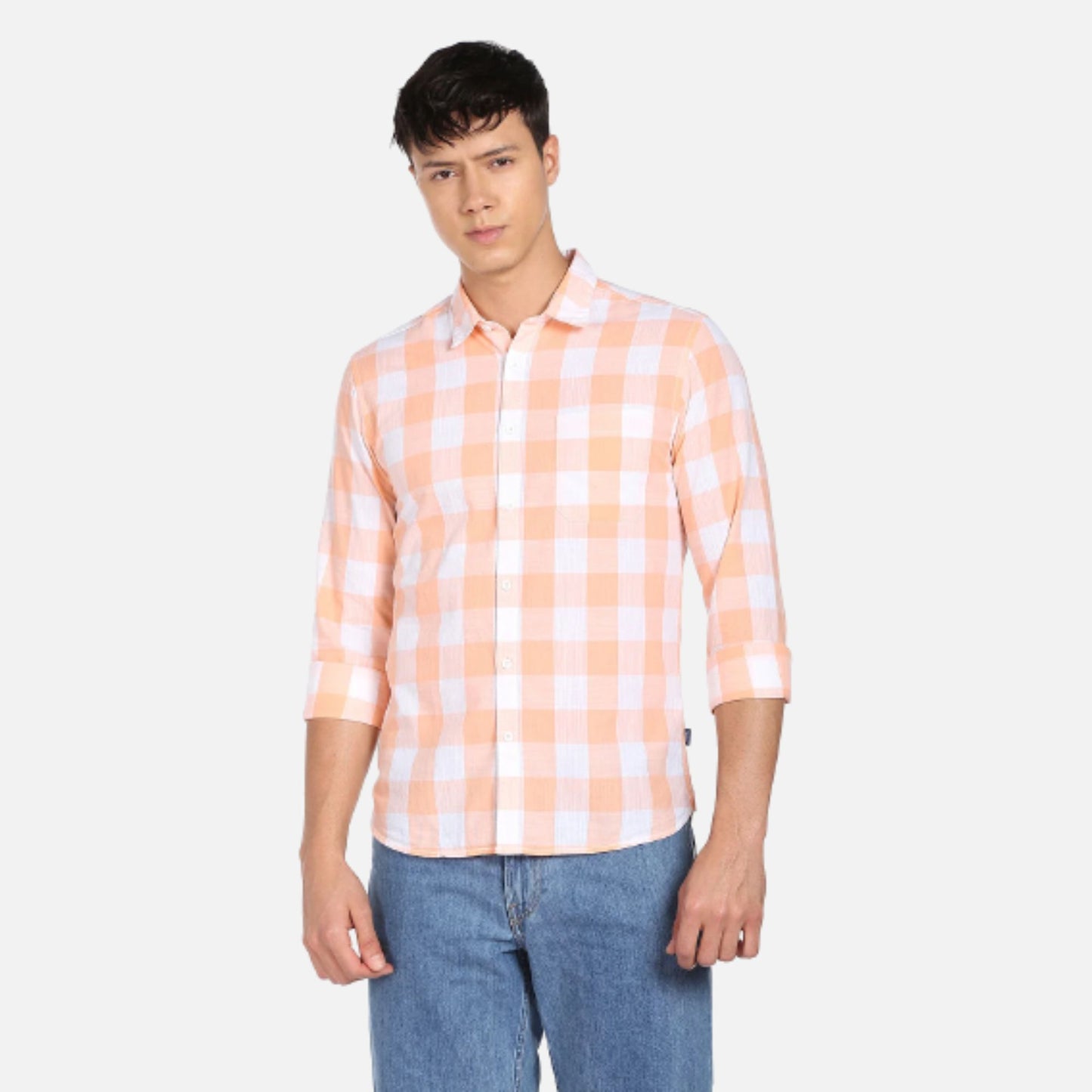 Slub Buffalo Check Spread Collar Casual Shirt