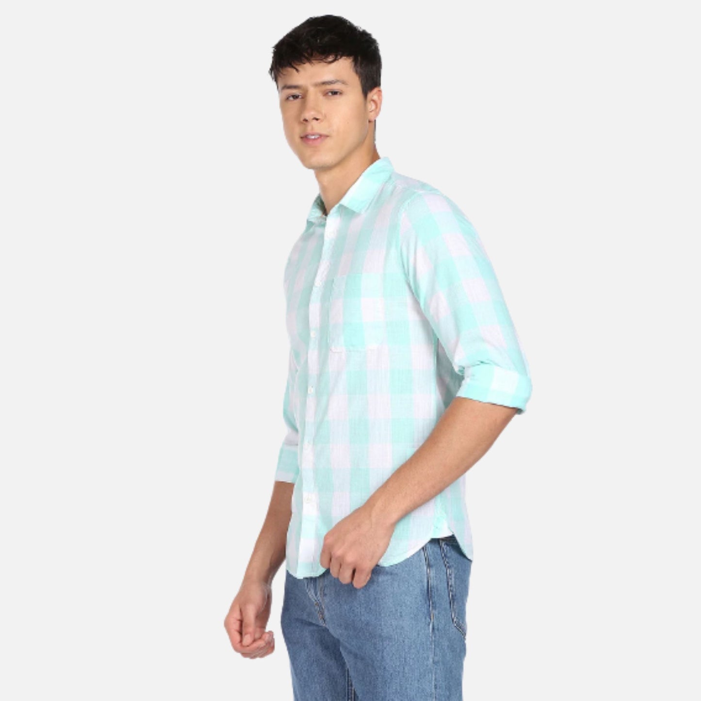 Slub Buffalo Check Spread Collar Casual Shirt