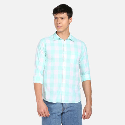 Slub Buffalo Check Spread Collar Casual Shirt