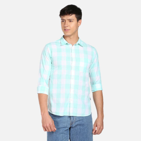 Slub Buffalo Check Spread Collar Casual Shirt