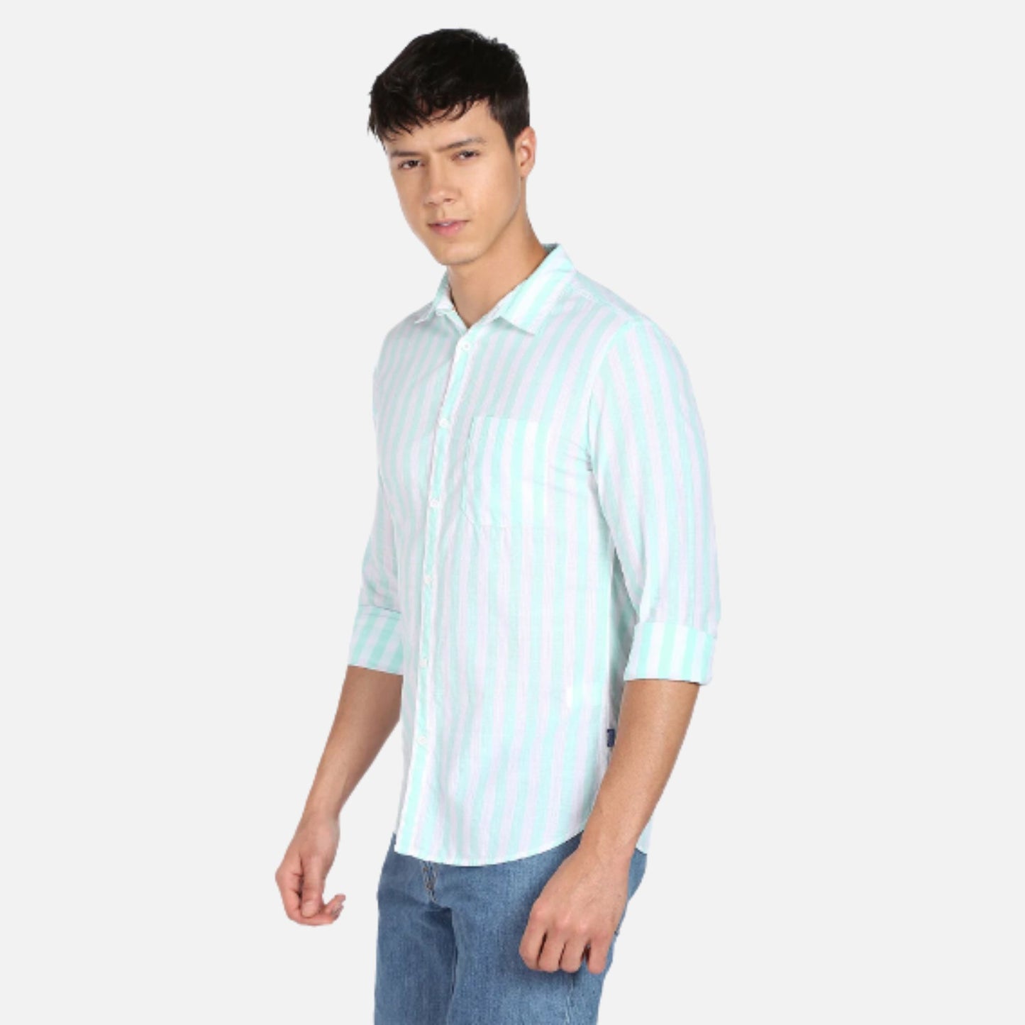 Slub Vertical Stripe Spread Collar Casual Shirt