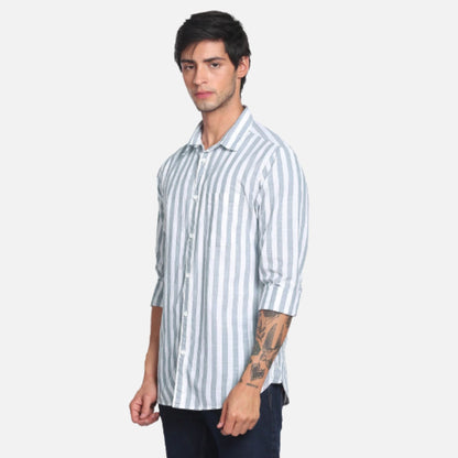 Slub Vertical Stripe Spread Collar Casual Shirt