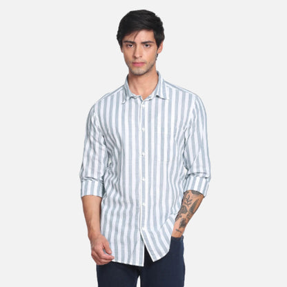 Slub Vertical Stripe Spread Collar Casual Shirt