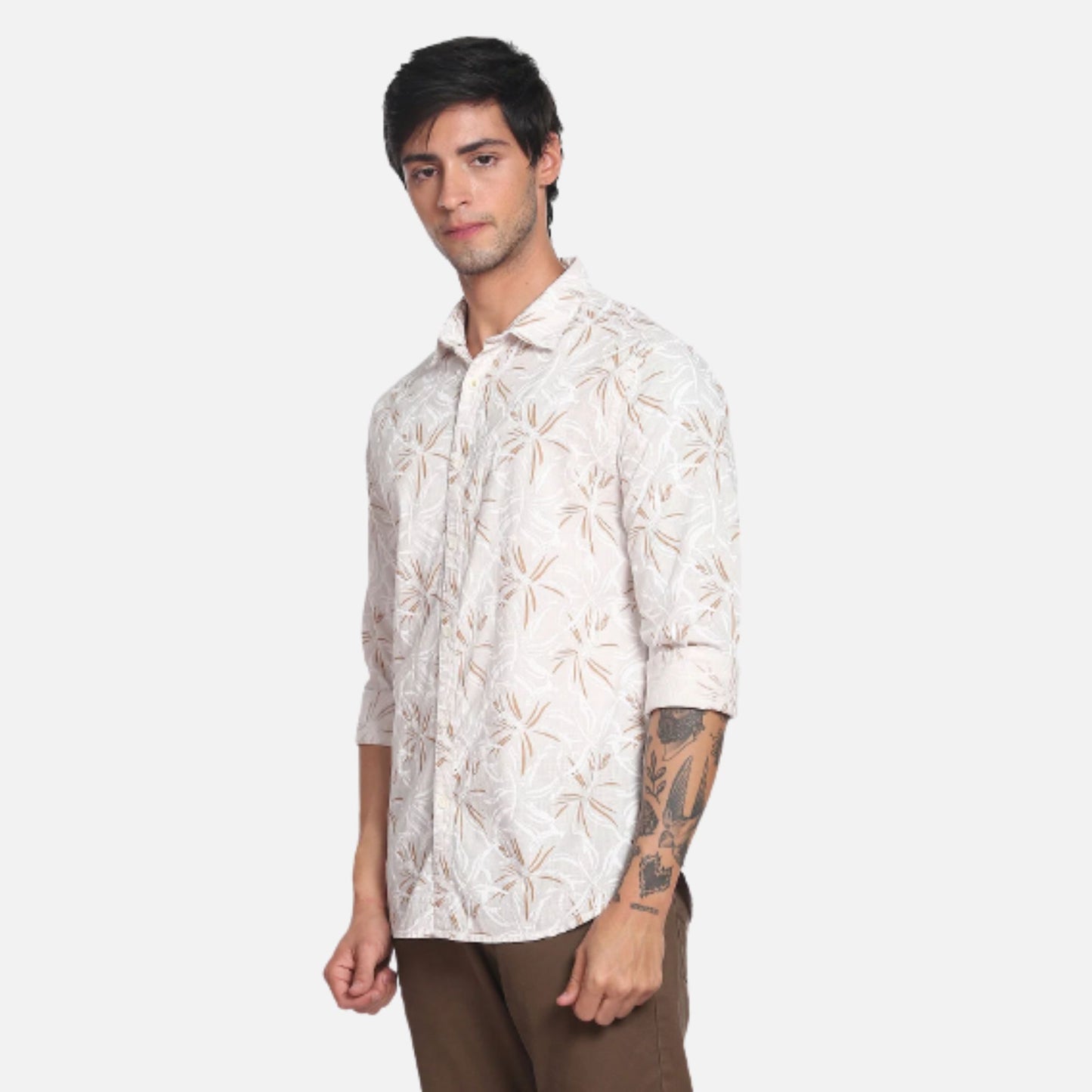 Slub Floral Print Spread Collar Casual Shirt