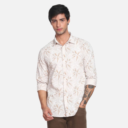 Slub Floral Print Spread Collar Casual Shirt