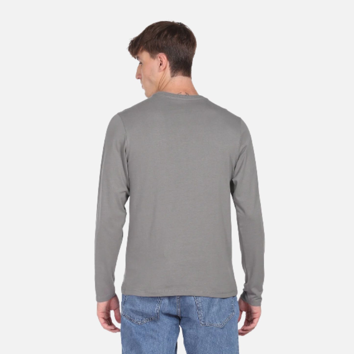 Grey Long Sleeve Brand Print Cotton T-Shirt