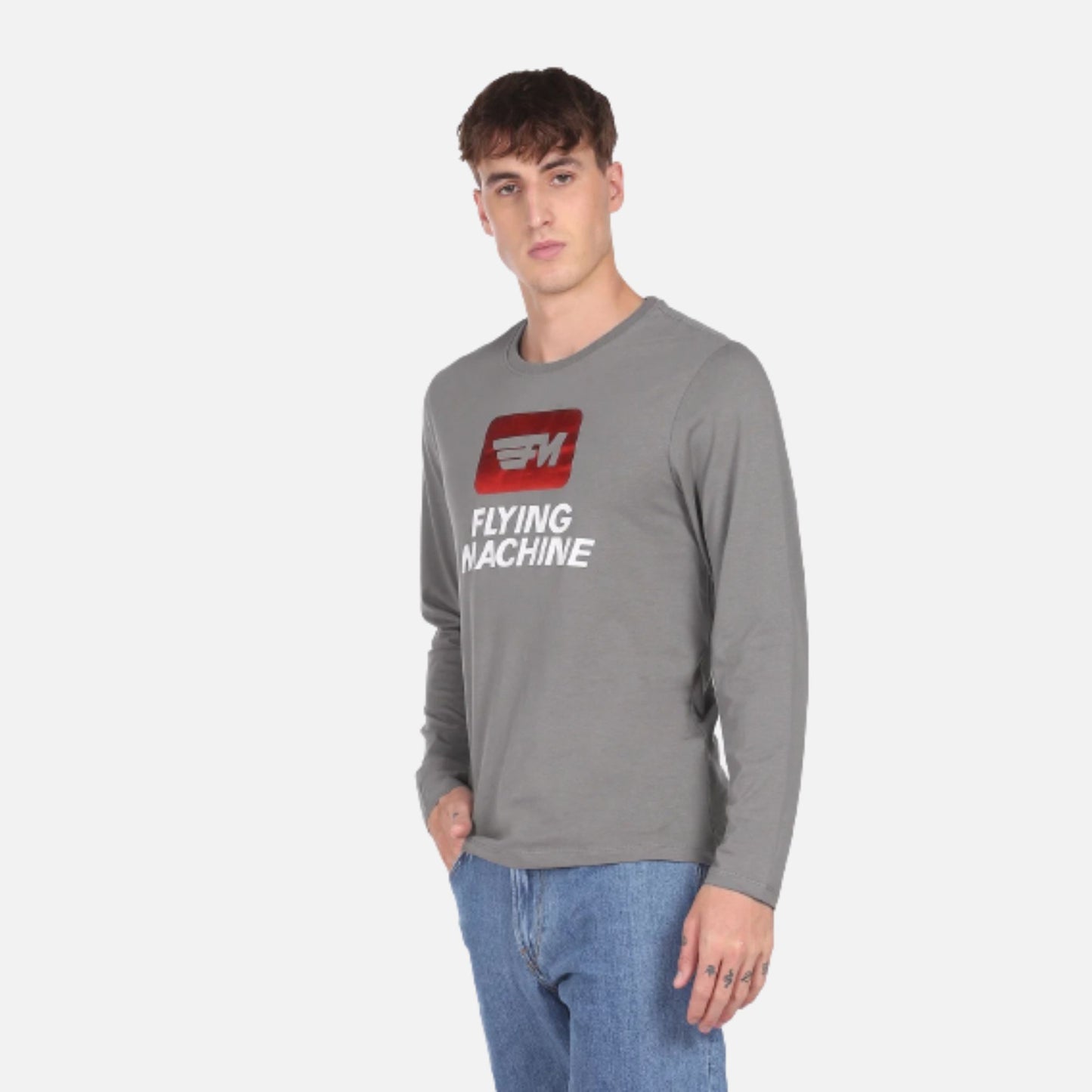 Grey Long Sleeve Brand Print Cotton T-Shirt