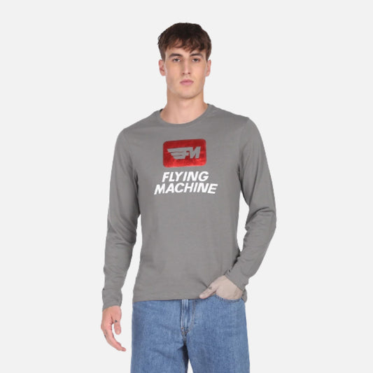 Grey Long Sleeve Brand Print Cotton T-Shirt