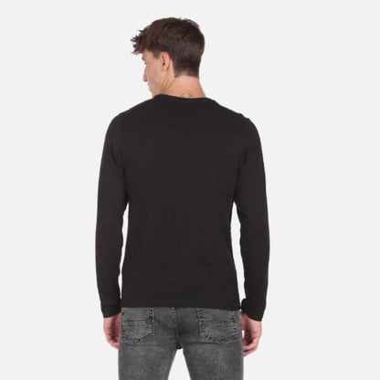 Black Long Sleeve Brand Print Cotton T-Shirt